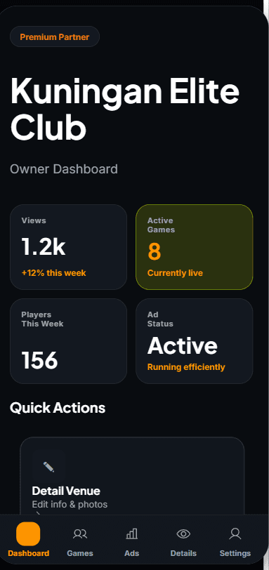 Tampilan layar Owner Dashboard di aplikasi Raquette