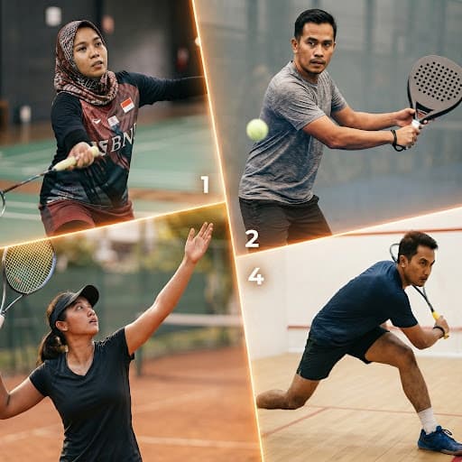 Pemain tenis melakukan serve dengan penuh tenaga di bawah lampu stadion