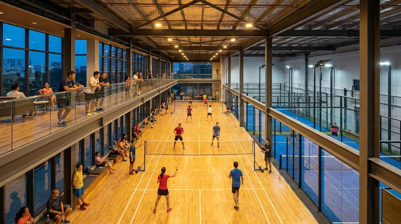 Kompleks lapangan olahraga raket indoor dilihat dari sudut tinggi