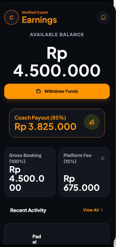Tampilan layar Earnings di aplikasi Raquette