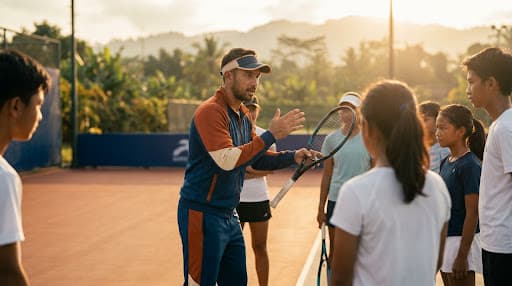 Coach mengajar sekelompok murid di lapangan